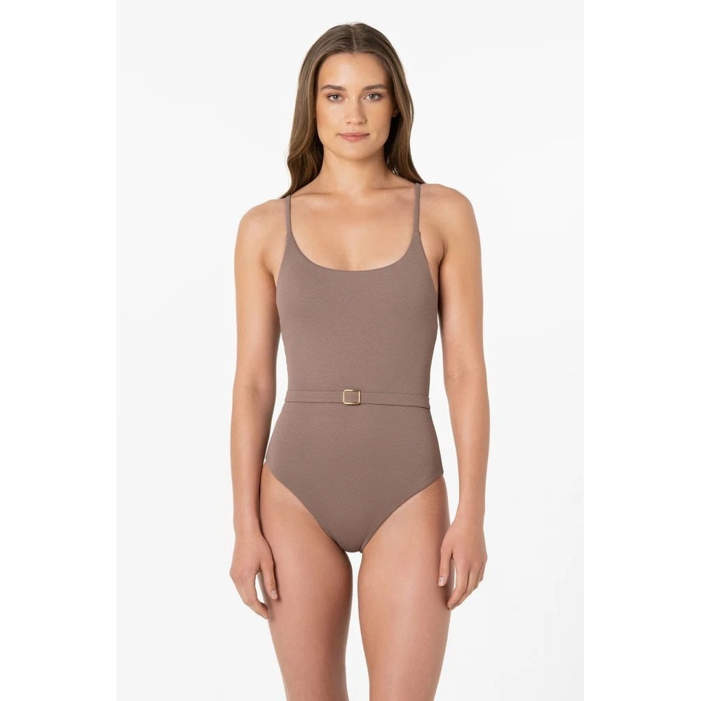 VAI Swim Women's Textured Square Neck 1-pc Swimsuit w/ Buckle‎ - Clay - M - $185